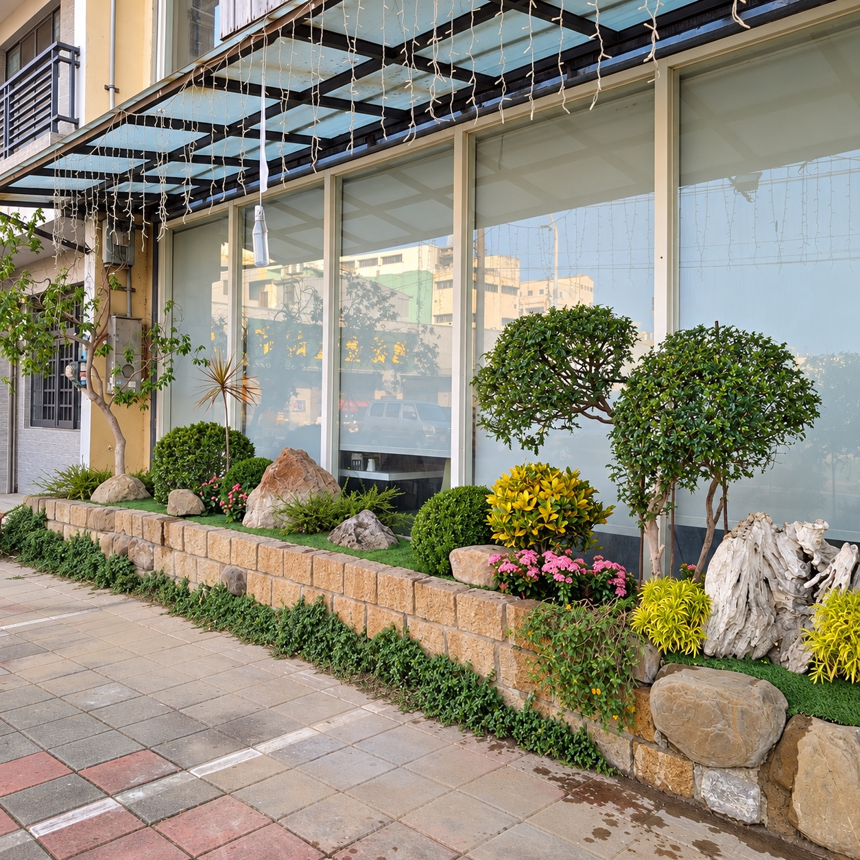 餐廳花台斜側全景,呈現樹形、灌木、花卉與石景的前後層次